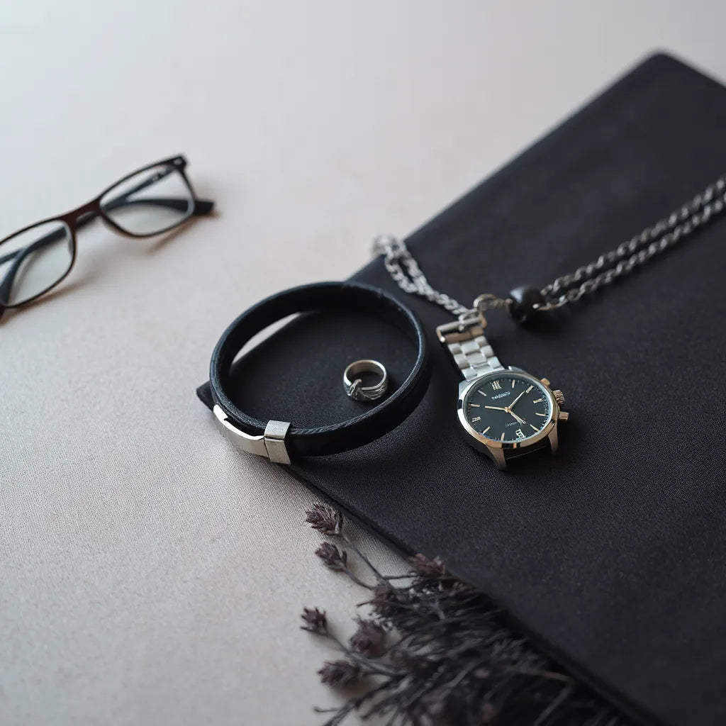 תכשיטי גברים אלגנטיים כולל שרשרת, צמיד וטבעת על רקע ניטרלי עם תאורה רכה